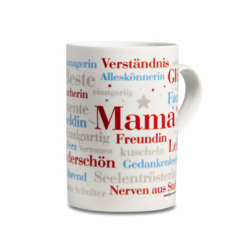 Der Kaffeebecher mit den schönsten Wörtern einer Mama.