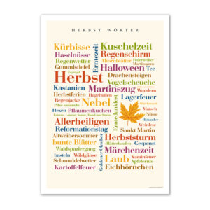 Die schönsten und kreativsten Wörter der Jahreszeit Herbst auf einem Poster vereint.